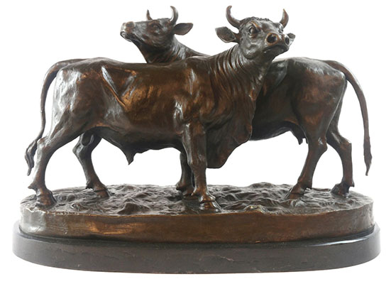 Cow and Bull Bronze Sculpture On Marble Base